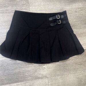 Black Pleated Mini Skirt with Buckle Detail